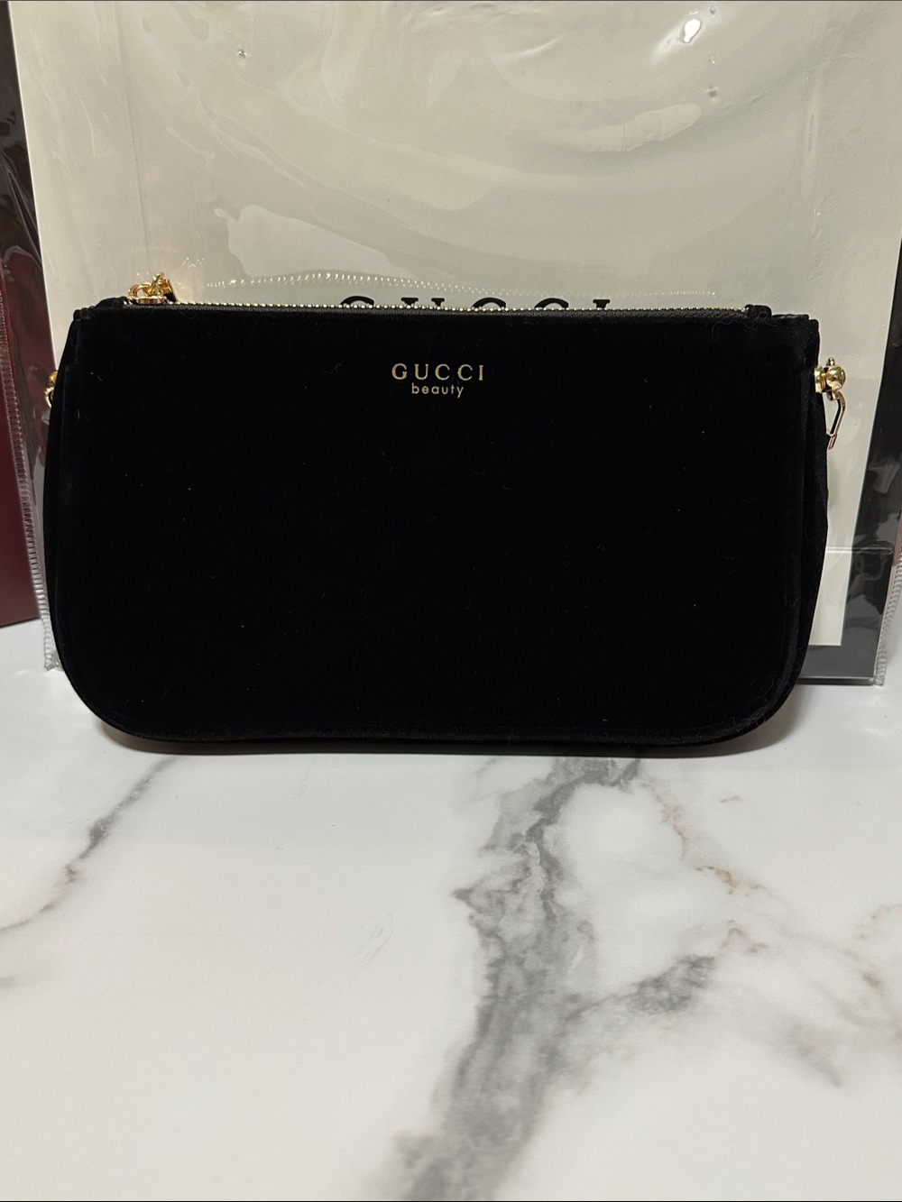 Gucci Black Velvet Cosmetic Pouch with Gold Accents, added Golden chain 🤩🖤 - Picture 5 of 12